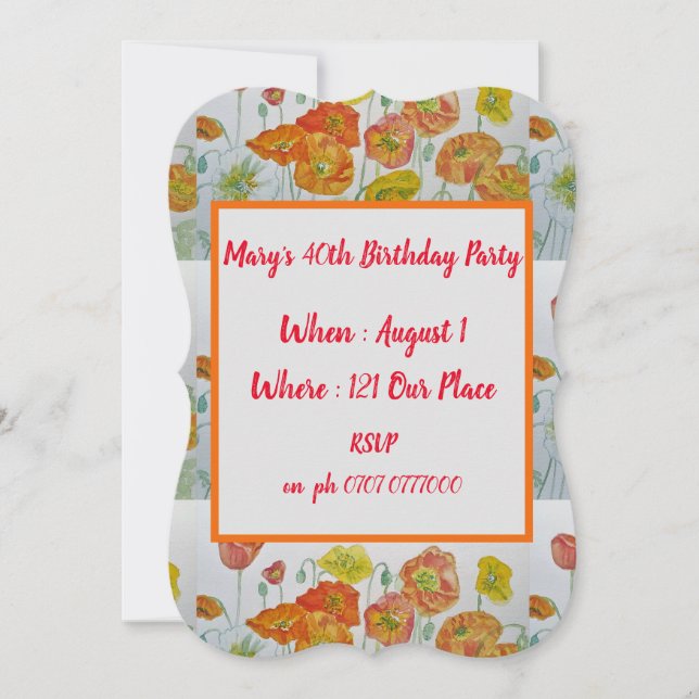 Red Orange Poppies Floral 40th Birthday Invitation (Front)