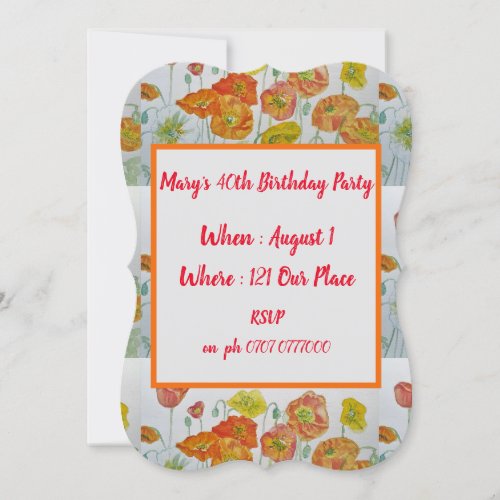 Red Orange Poppies Floral 40th Birthday Invitation