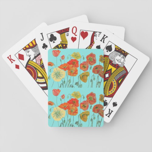 Red Orange Poppy Aqua Flower Playing Cards Set