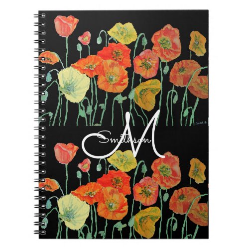Red Orange Poppy Black Poppies floral Watercolor Notebook