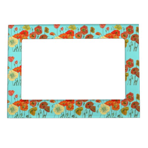 Red Orange Poppy Floral Aqua Magnetic Frame