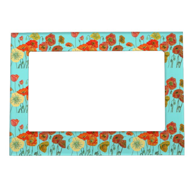 Red Orange Poppy Floral Aqua Magnetic Frame (Front)