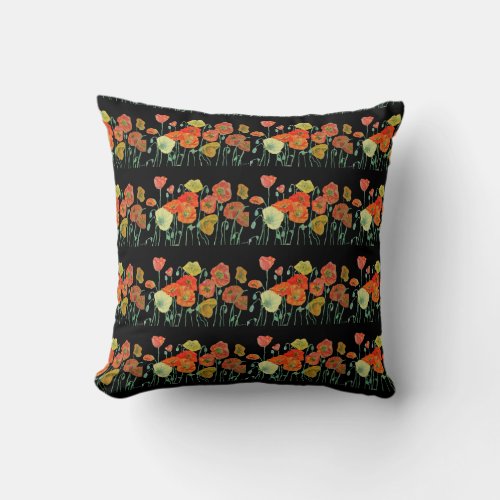 Red Orange Poppy floral Flower art Poppies Throw Pillow