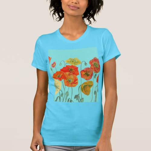 Red Orange Poppy floral Watercolor Aqua Art Flower T_Shirt