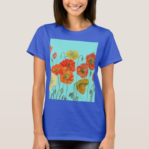 Red Orange Poppy floral Watercolor Aqua Art Flower T_Shirt