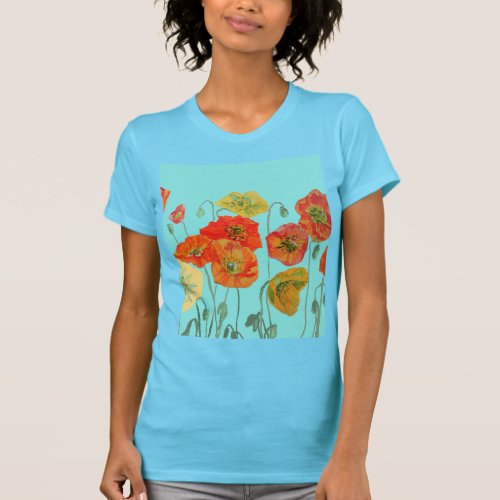 Red Orange Poppy floral Watercolor Aqua Art Flower T_Shirt