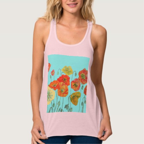 Red Orange Poppy floral Watercolor Aqua Art Flower Tank Top