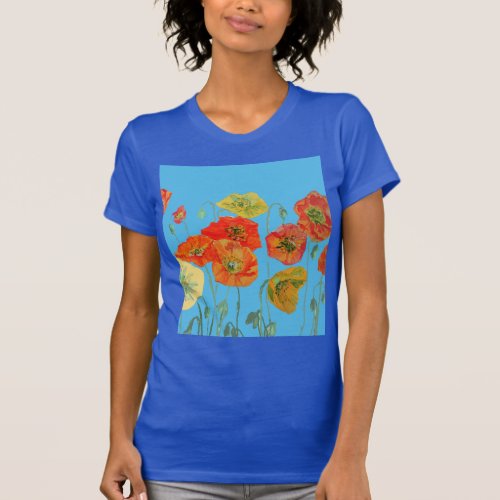 Red Orange Poppy floral Watercolor Art Flower T_Shirt