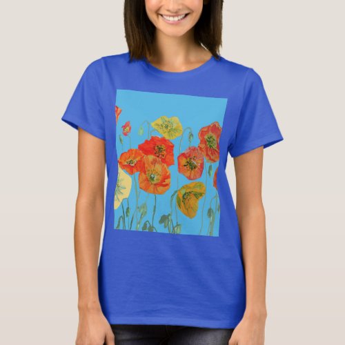 Red Orange Poppy floral Watercolor Art Flower T_Shirt