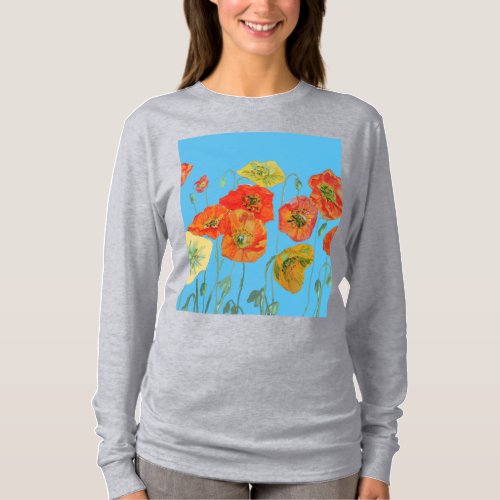 Red Orange Poppy floral Watercolor Art Flower T_Shirt