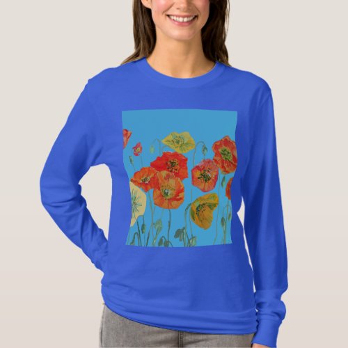 Red Orange Poppy floral Watercolor Art Flower T_Shirt