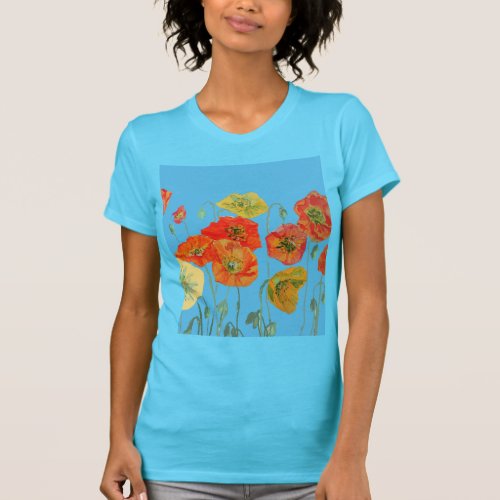 Red Orange Poppy floral Watercolor Art Flower T_Shirt