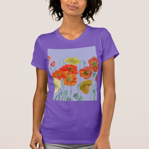 Red Orange Poppy floral Watercolor Purple Flower T_Shirt