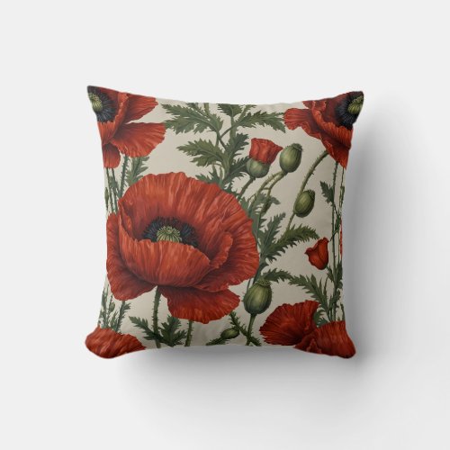Red Orange Poppy Flower Throw Pillow