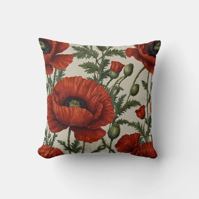 Red Orange Poppy Flower Throw Pillow (Front)