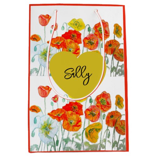 Red Orange Poppy Flower Watercolor Woman's Name Medium Gift Bag