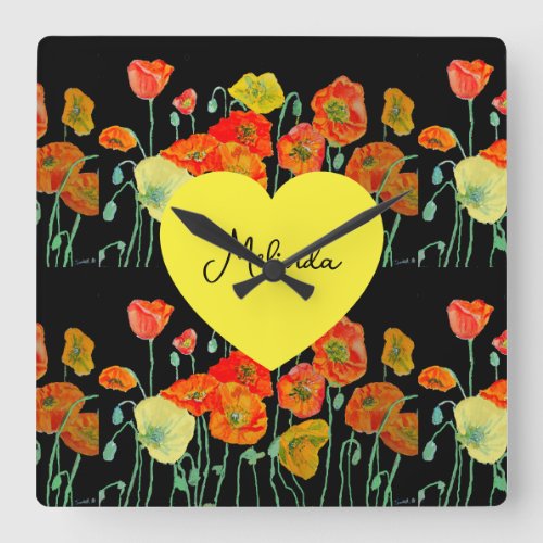 Red Orange Poppy Flower Watercolor Womans Name Square Wall Clock