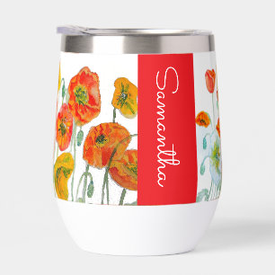 Red Orange Poppy Flower Watercolor Womans Name Thermal Wine Tumbler