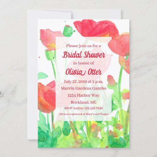Red Orange Poppy Flowers Bridal Shower Invitation