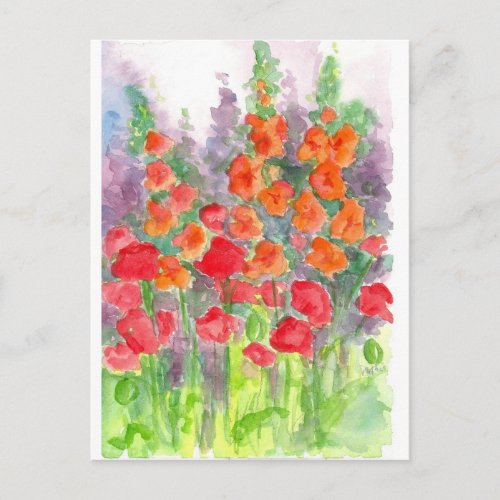 Red Orange Poppy Gladiola Flower Watercolor Garden Postcard