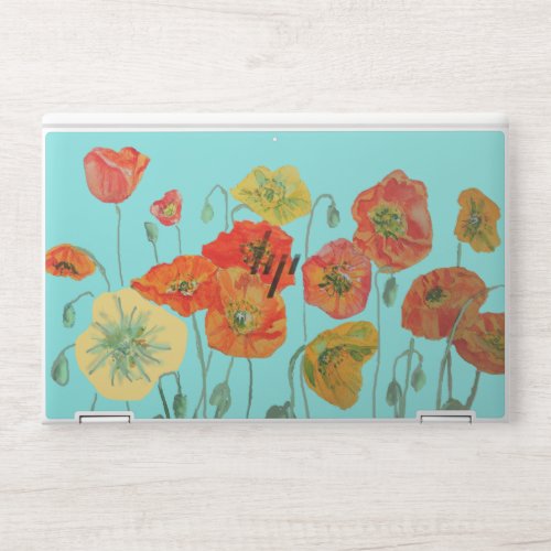 Red Orange Poppy on Aqua watercolor Floral Flowers HP Laptop Skin