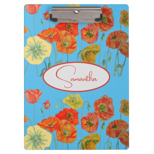 Red Orange Poppy Poppies floral Blue Girls Name Clipboard