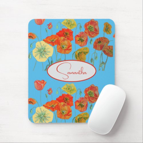 Red Orange Poppy Poppies floral Blue Girls Name Mouse Pad