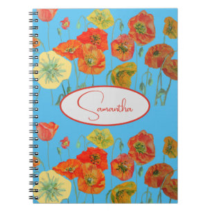 Red Orange Poppy Poppies floral Blue Girls Name Notebook