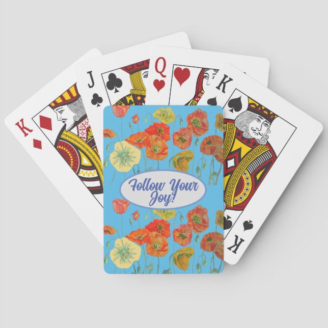 Red Orange Poppy Poppies floral Blue Your Joy Poker Cards (Back)