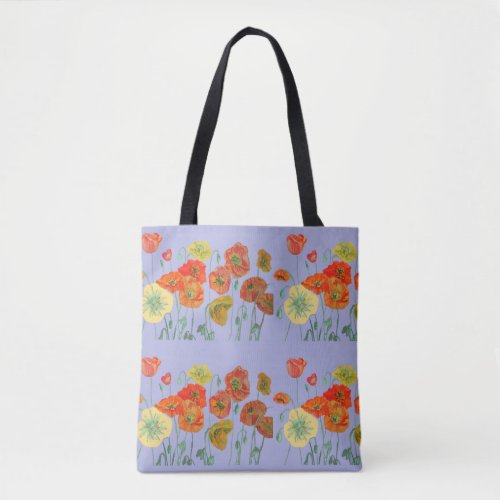 Red Orange Poppy Poppies Floral purple Lilac Tote Bag