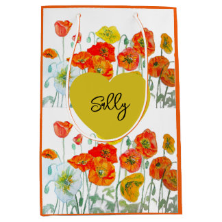 Red Orange Poppy Poppies Watercolor Woman's Name Medium Gift Bag