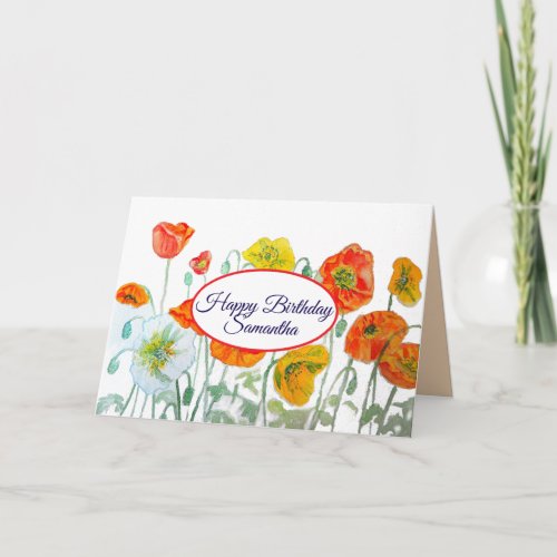 Red Orange Poppy Watercolor Art Birthday Card
