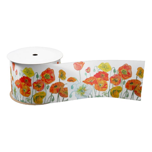 Red Orange Poppy Watercolour Flower Ribbon (Spool)