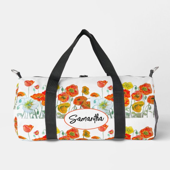 Red Orange Poppy Watercolour Flower Ribbon Duffle Bag (Front)