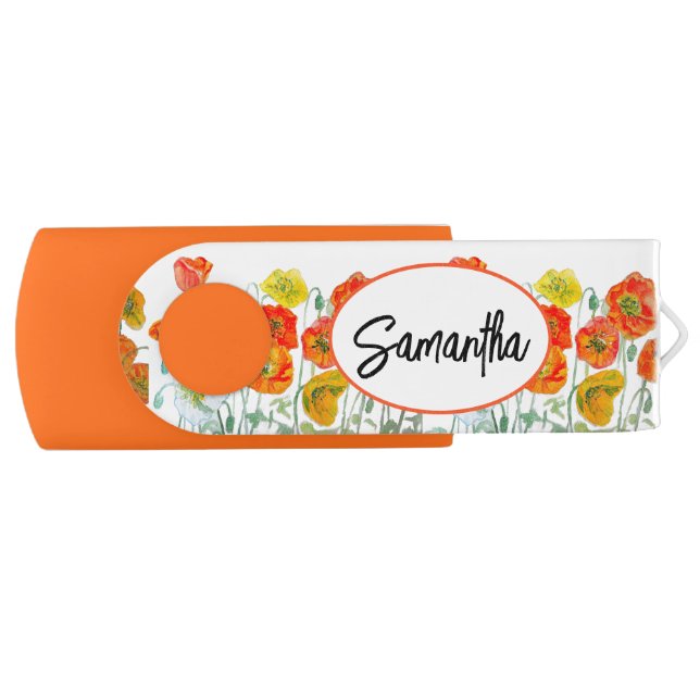 Red Orange Poppy Watercolour Flower Ribbon Flash Drive (Front)