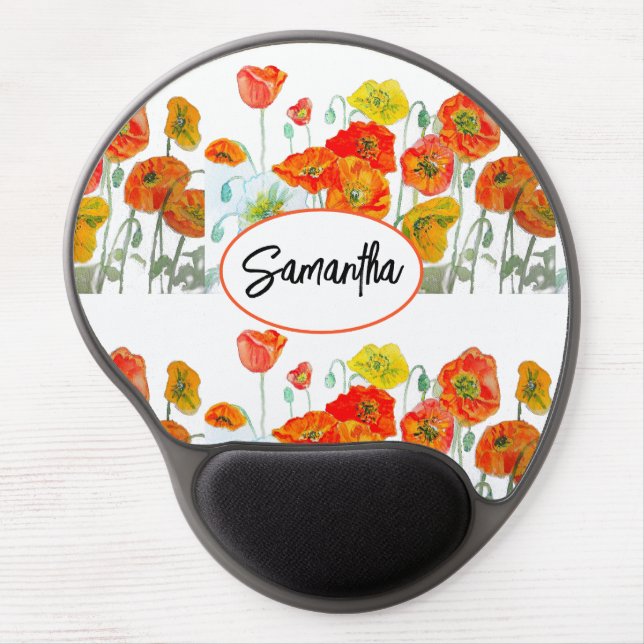 Red Orange Poppy Watercolour Flower Ribbon Gel Mouse Pad (Front)