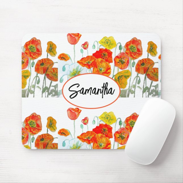 Red Orange Poppy Watercolour Flower Ribbon Mouse Pad (With Mouse)