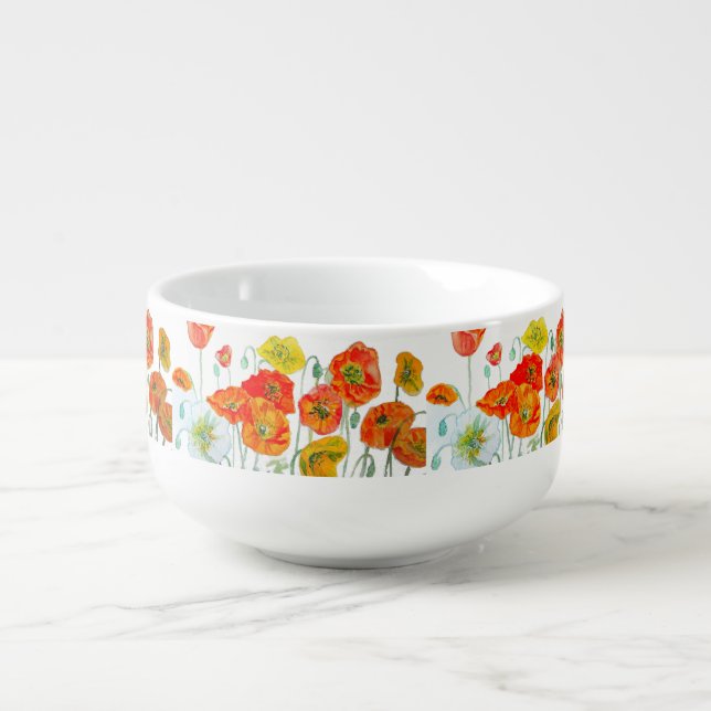 Red Orange Poppy Watercolour Flower Ribbon Soup Mug (Front)