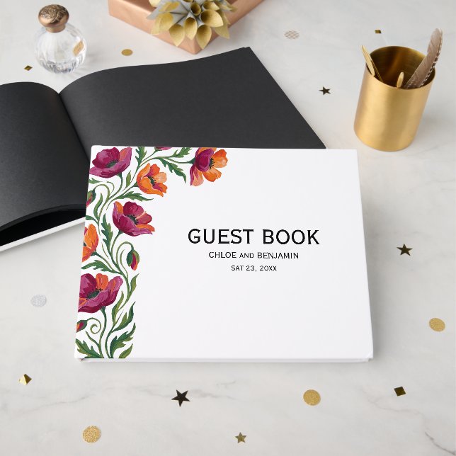 Red Orange Poppy Wedding Guest Book (Front Open)