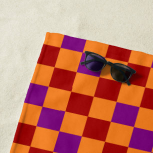 Red Orange Purple Checkered Pattern Design  Beach Towel