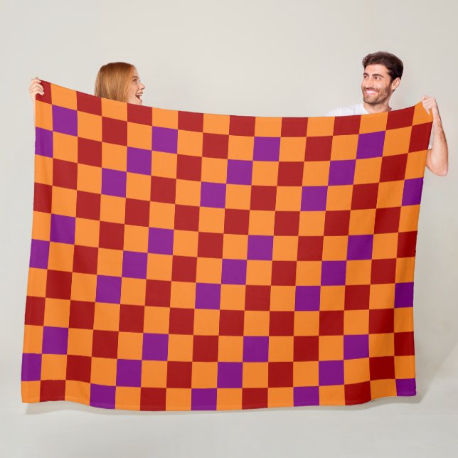 Red Orange Purple Checkered Pattern Design  Fleece Blanket (In Situ)