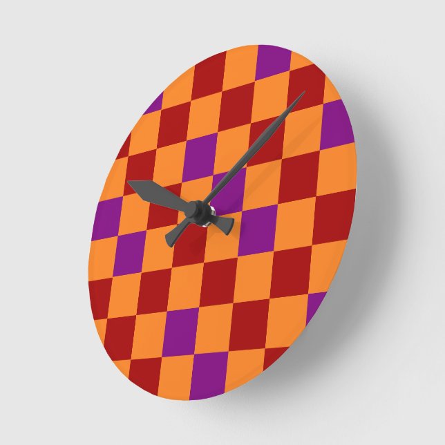 Red Orange Purple Checkered Pattern Design  Round Clock (Angle)