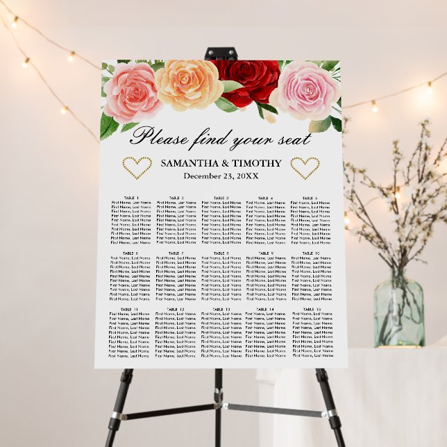 Red Orange Roses Flowers Wedding Seating Chart Foam Board (In Situ (Stand))