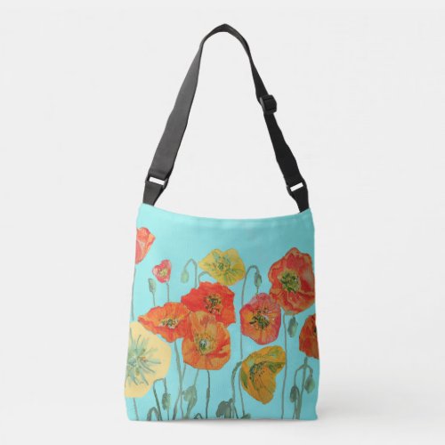 Red Orange Shabby Poppy Crossbody Bag Aqua Floral