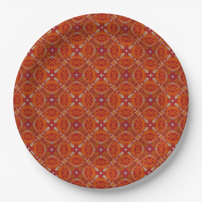 Red, Orange Spanish Diamond Tiled Pattern Paper Plates (Front)