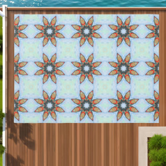 Red Orange Star Flower on Blue Outdoor Rug
