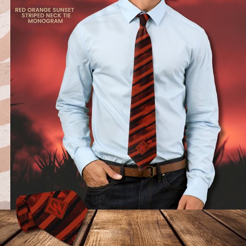 Red Orange Sunset Novelty Striped Neck Tie