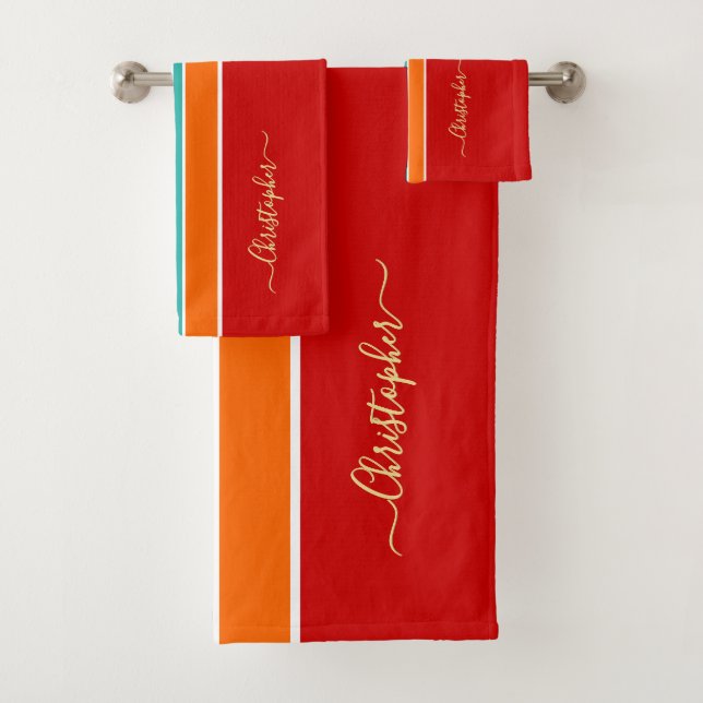 Red Orange Teal Racing Stripes Faux Gold Monogram Bath Towel Set (Insitu)