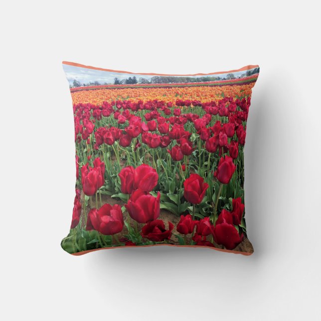 Red & Orange Tulip Field, Oregon Throw Pillow (Front)