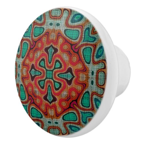 Red Orange Turquoise Blue Green Ethnic Tribe Art Ceramic Knob